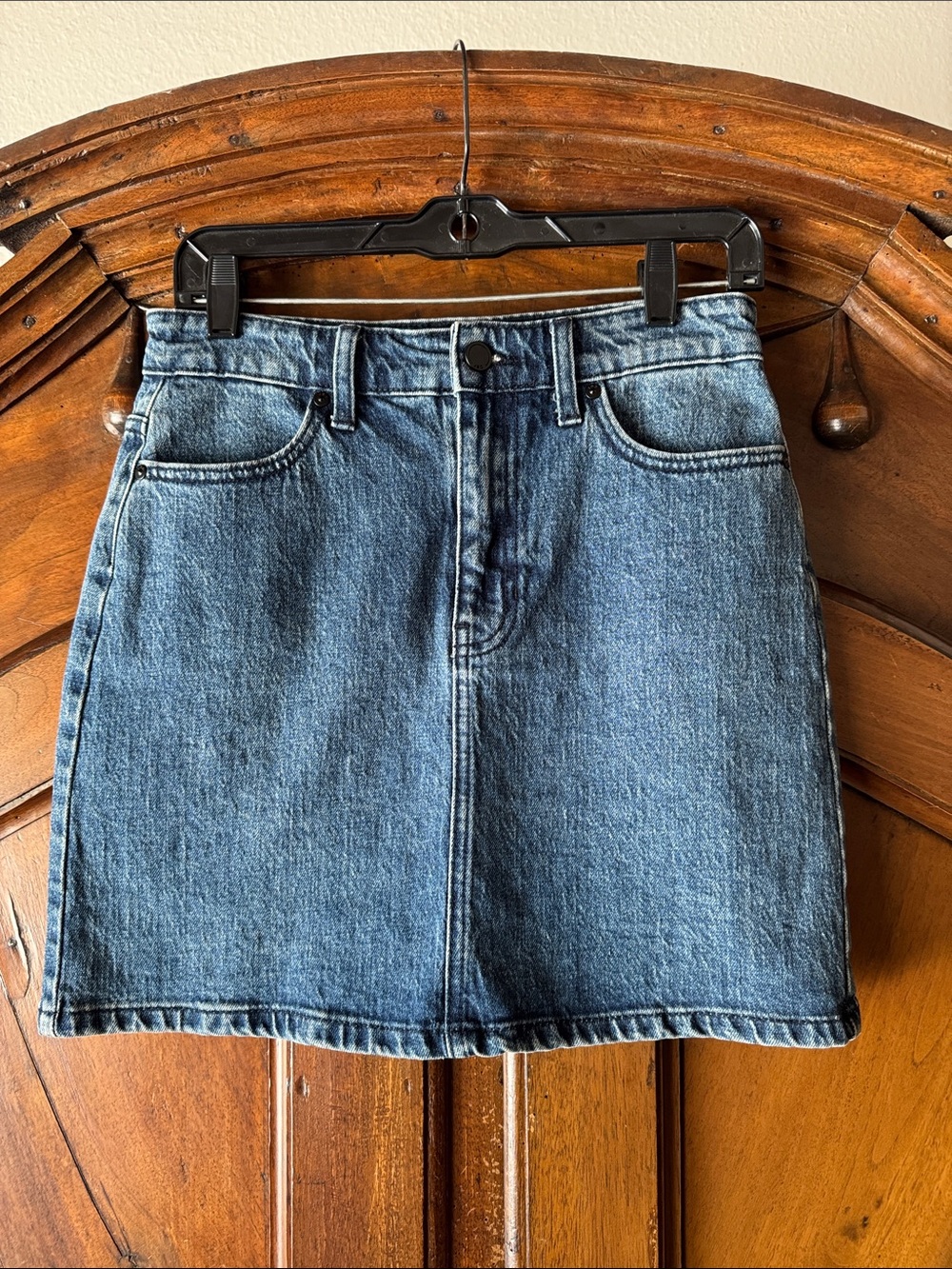 Medium Wash Blue Denim Mini Skirt - Straight Cut